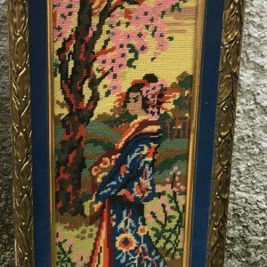 Vintage 1980's Framed Needlepoint Art. Handmade. Glass Frame.